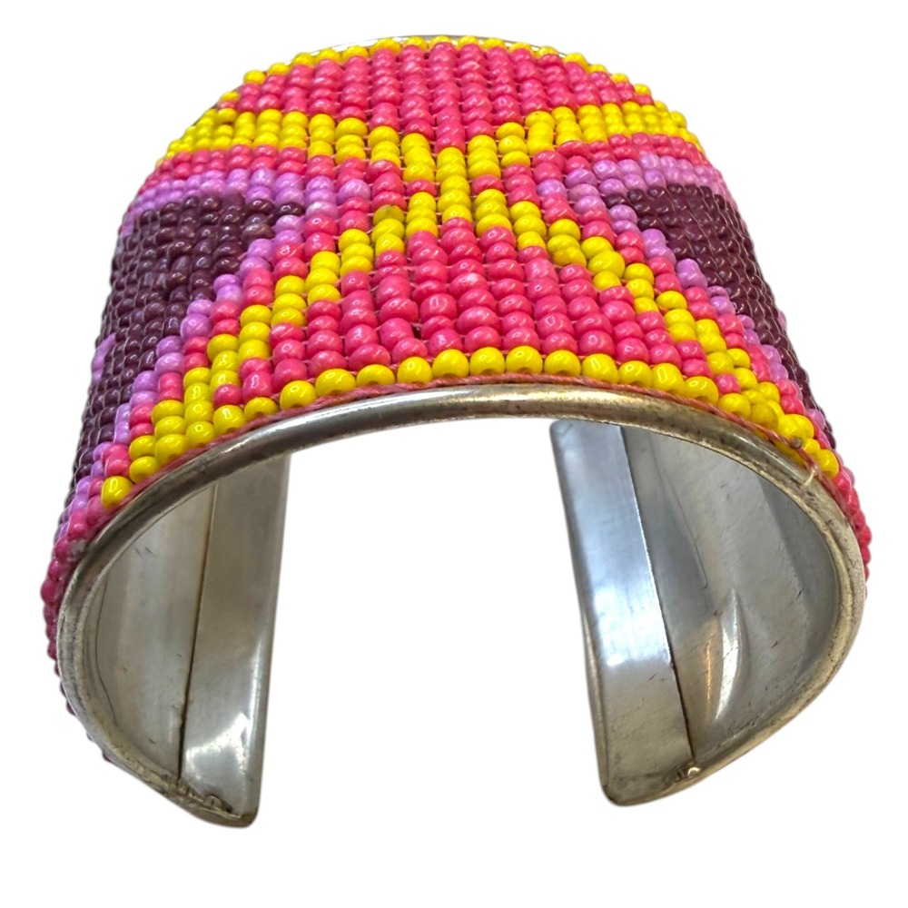 1970s 80s Wide Seed Bead Cuff Bracelet Pink Yellow Geometric Boho Artisan